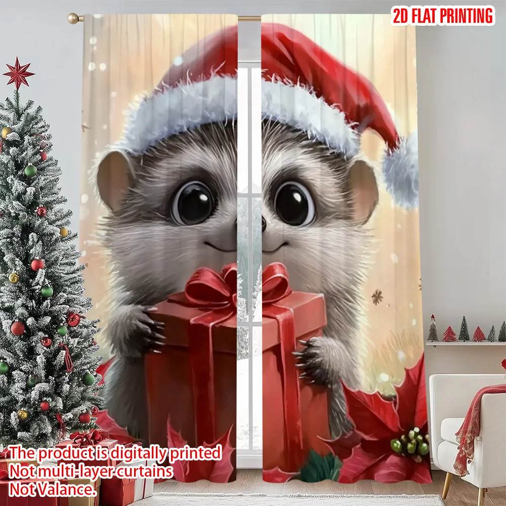 

2pcs 2D flat printing Christmas Curtain Hedgehog Christmas Versatile Polyester Fabric Without Electricity Festive Holiday