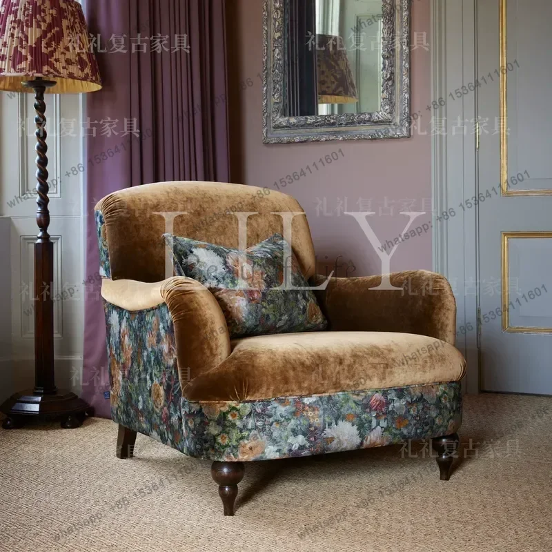 Retro Velvet Printed Sofa Chair Niche Single Seat Medieval Style Living Room Leisure Armchair