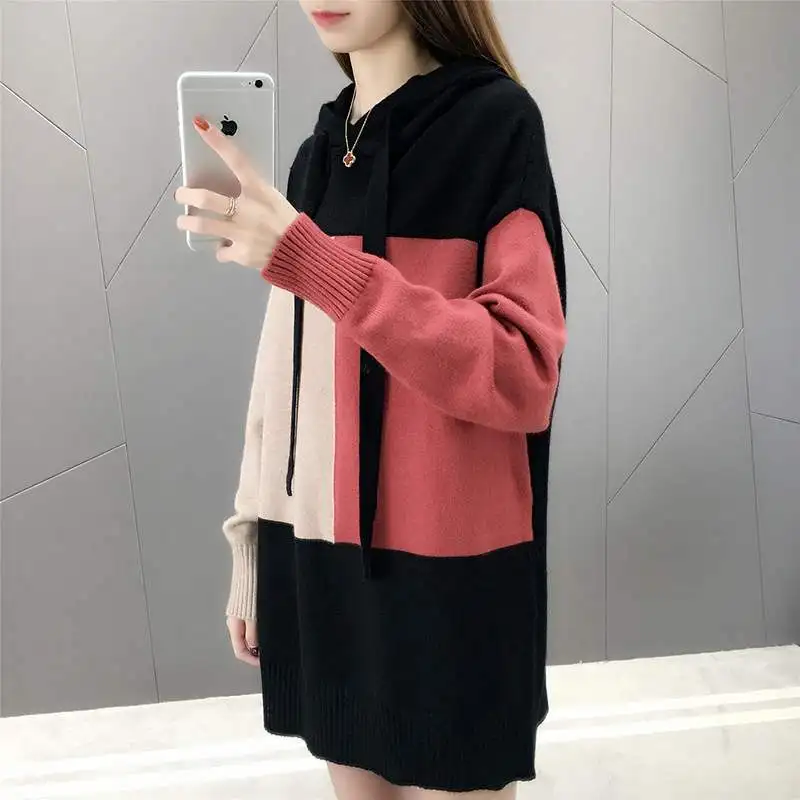 Suéteres coloridos casuais com capuz emendado para mulheres, pulôveres soltos que tudo combina, tops coreanos de malha, roupas femininas, moda, inverno, 2023