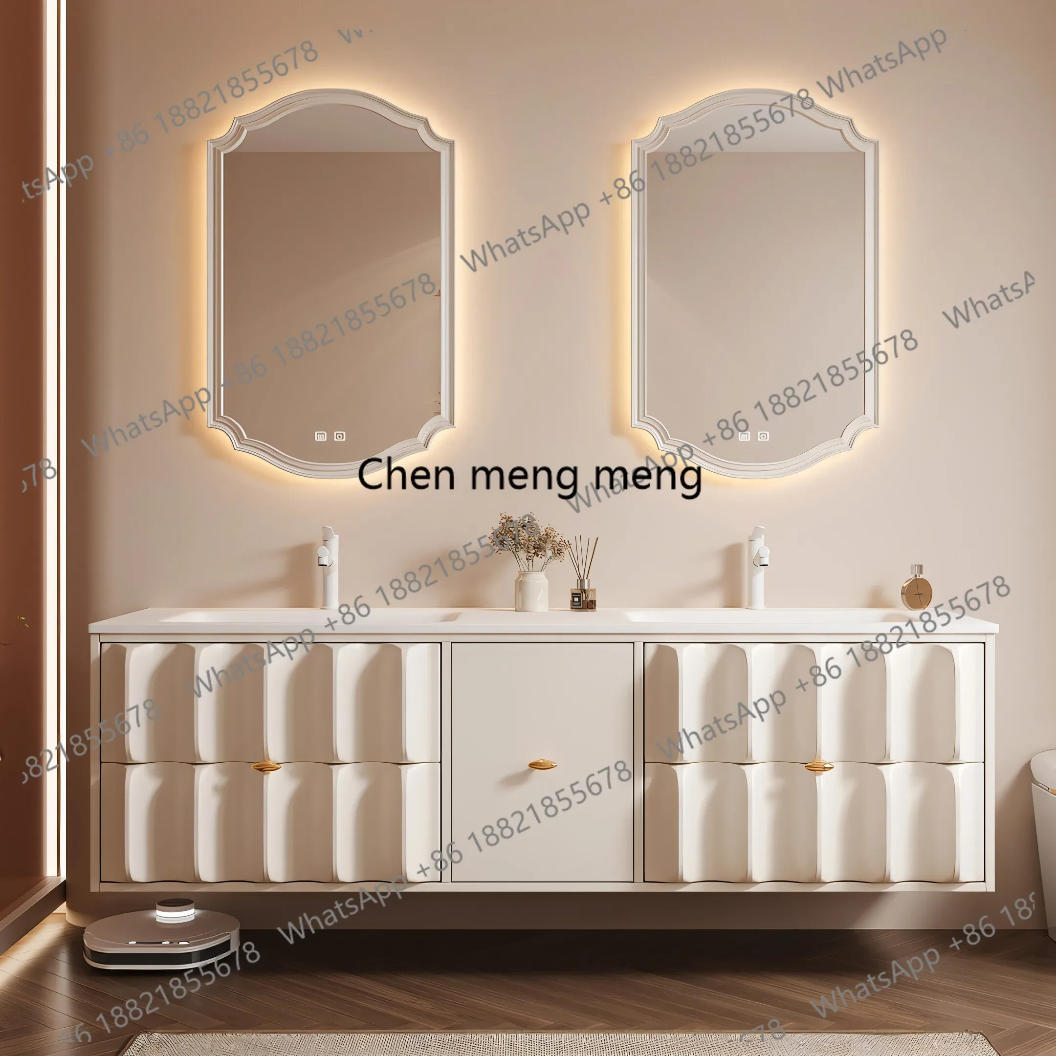 a55 2026 new Corian integrated double basin double faucet cream wind rubber wood enlarged basin bathroom cabinet