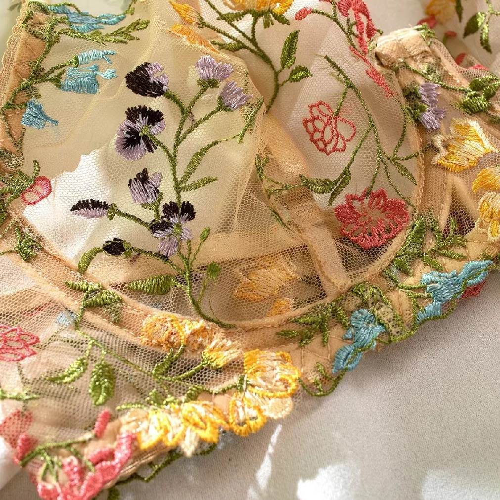 Sexy See-through Countryside Yellow Floral Bra And Thong Set Romantic Underwear for Women