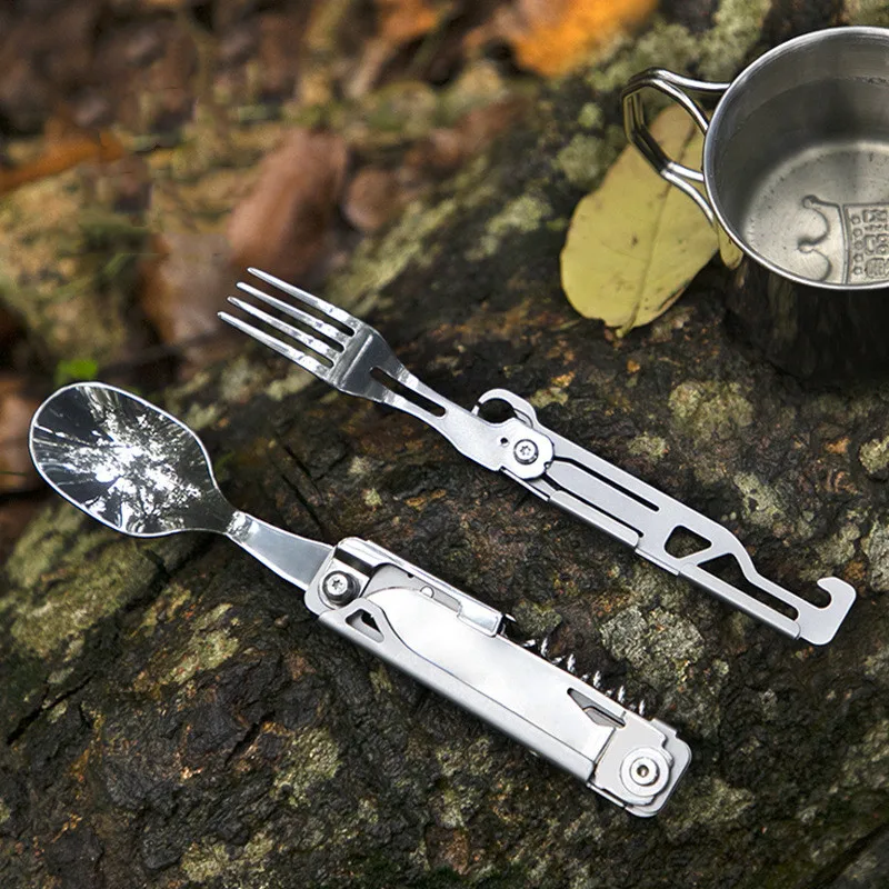 Camping Fork Spoon Multi-function Portable Knife Fork Spoon Bottle Opener Foldable Cutlery Camping Equipment