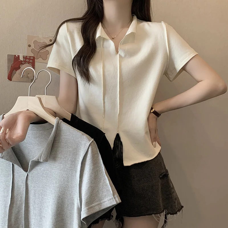 L-4XL Large Size Cotton Basic T-shirt For Women 2023 Summer Short Sleeve Oversizd Loose Tops Split Solid Color Chic Tshirt