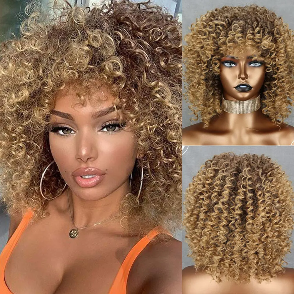 

Gold Curly Afro Wig for Women, Kink gold Curly Wigs for Women, Natural Synthetic Curly Wig with Bangs