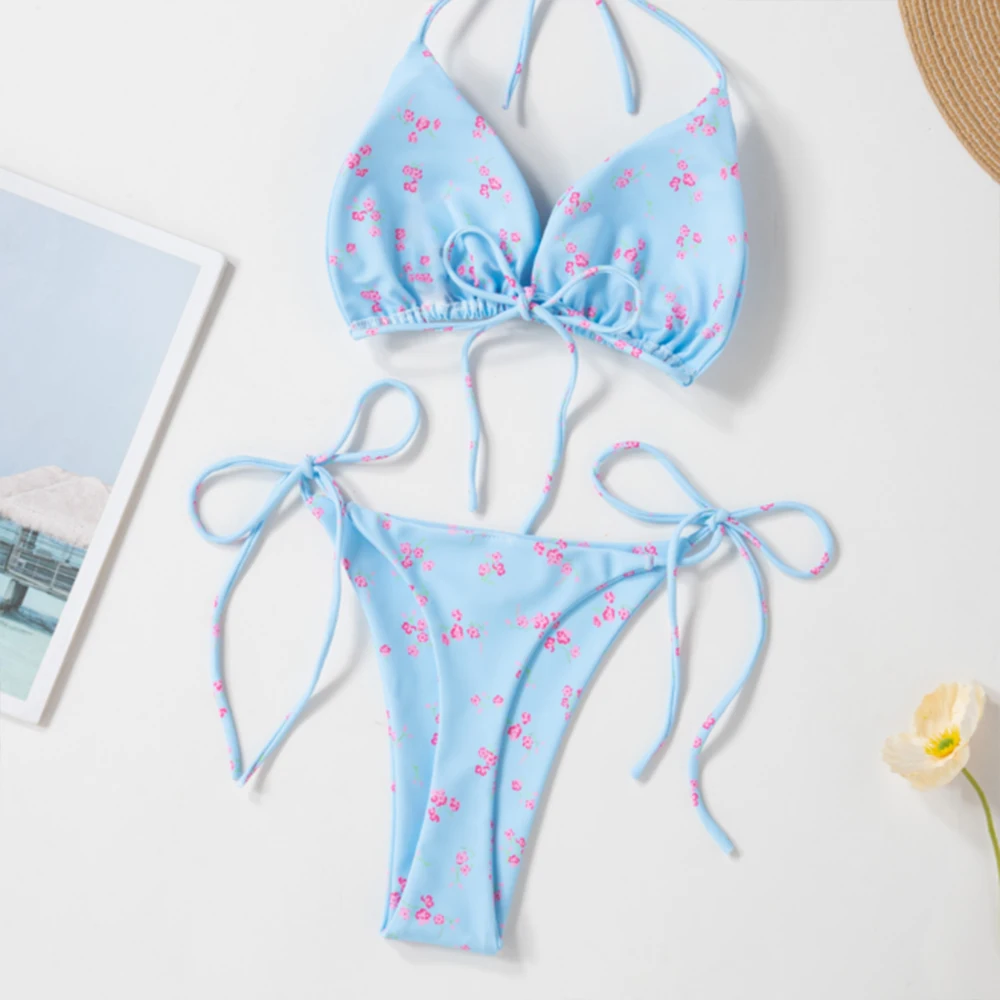 

Women's Sky Blue Thong Suspender Bikini Bra Design Women's Swimsuit Set Fashionable Sweet Beach Bikini 2026 New Product L288