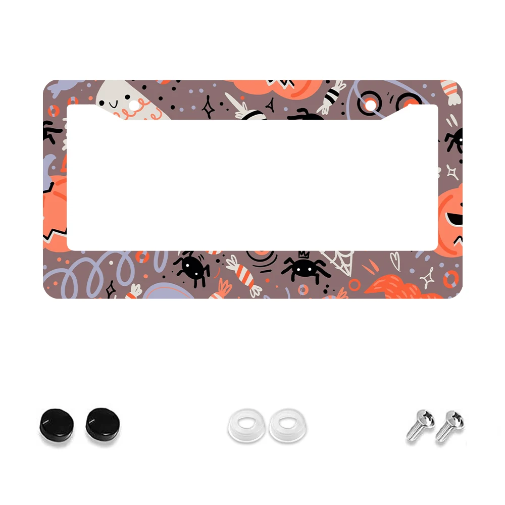 1 قطعة إطار لوحة ترخيص بفتحتين على شكل عنكبوت اليقطين للهالوين، لون بني، مادة ألومنيوم، 6 × 12 بوصة، مع شاشة