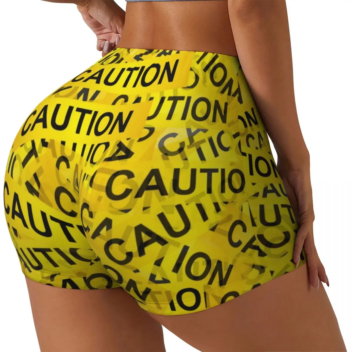 Funny Caution Yellow Deisgn Daisy Women's High Waist Yoga Shorts Stretch Exercise Gym Shorts Running Sports Pants