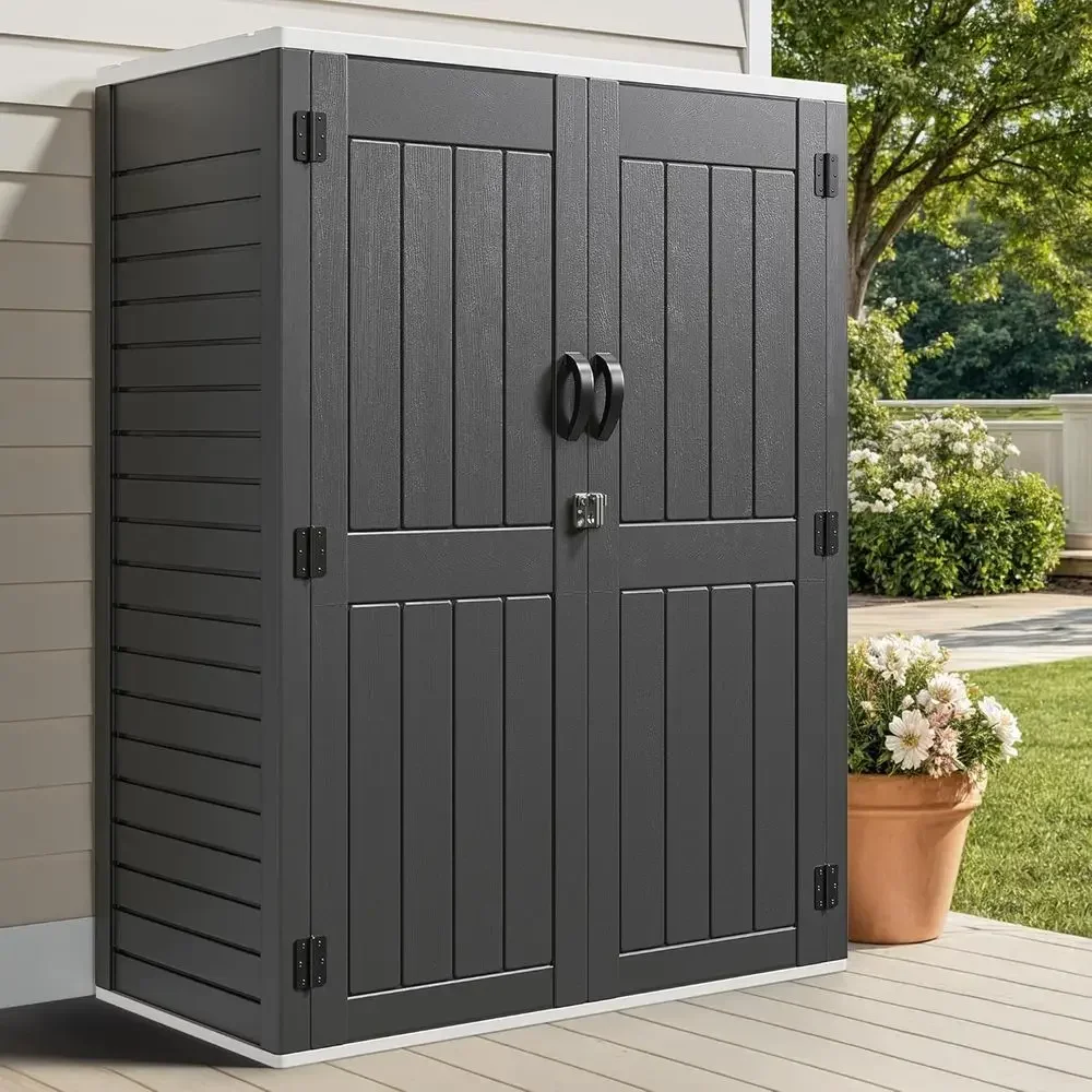 Outdoor Gray Veal Storage Shed, Tall Cabinet with Waterproof Garden Storage for Pool and Outdoors