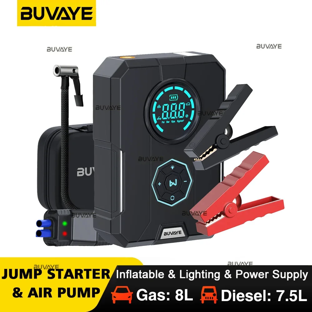 

BUVAYE 6 In 1 Car Jump Starter Air Pump Portable Air Compressor Power Bank Cars Battery Starters Starting Auto Tyre Inflator