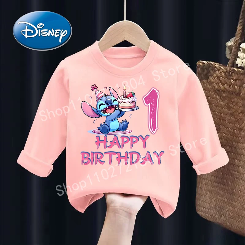 

Stitch Disney Number Pink T-shirt Cute Printing Anime Girls Clothes Long Sleeve Cotton Birthday Clothing Kawaii Cartoon Shirts