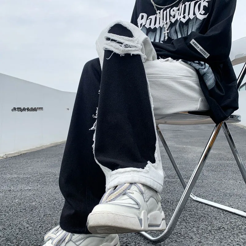 

Мужские джинсы Cleanfit в американском стиле, зауженные, с дизайнерскими прорезями и пэчворком, весенне-осенние, двухцветные, модель «Утенок»