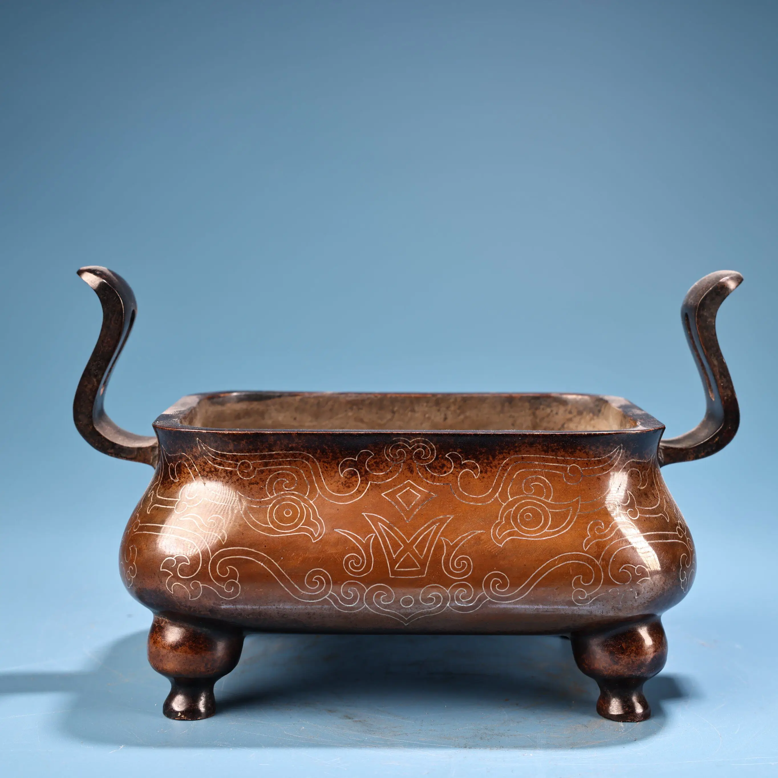 Purple Copper Incense Burner Four Legs Double Ear Silver Wire Inlaid Heavy Patina Collectible Decor