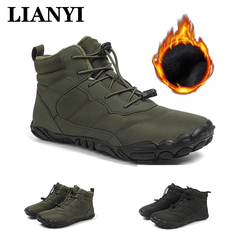 

LIANYI 2025 New Men's Snow Boots Black Waterproof Barefoot Warm Lined Suitable for Hiking and Mountaineering in Cold Weather