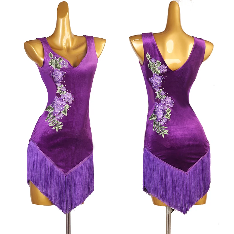 

New Latin Dance Dress For Women Purple Velvet Fringed Dress Chach Rumba Tango Latin Dance Performance Competition Dress DQL8132