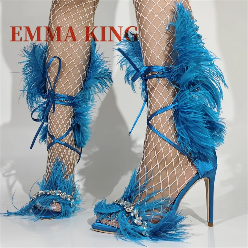 11 سنتيمتر عالية الكعب ريشة حجر الراين الصنادل المرأة الكاحل الدانتيل متابعة الخناجر الصنادل السيدات الزفاف حذاء زفاف حجم كبير 36-47 #4