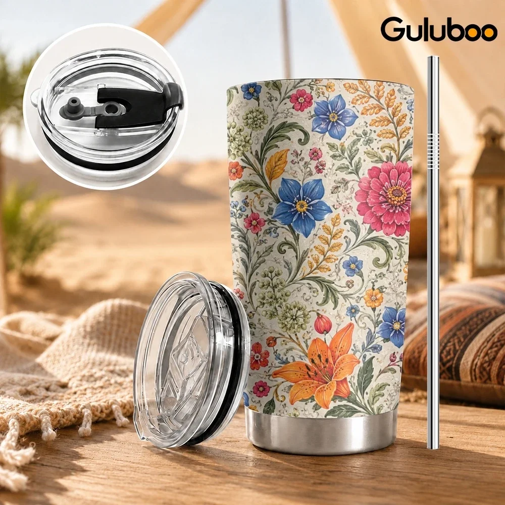 Vintage Thread Embroidery Floral Vacuum Flasks 20oz Stainless Steel Insulated Tumbler Double Wall Cup with 2 Lids Straw Mug