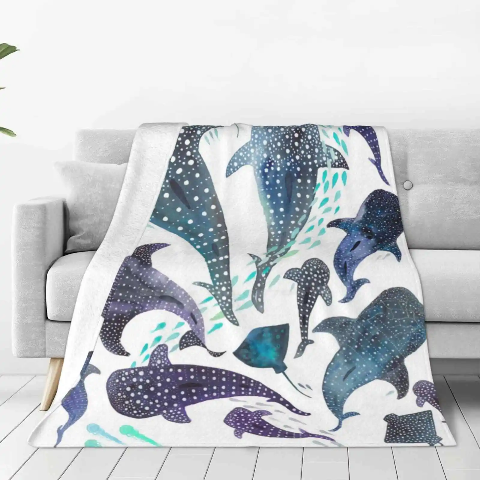 Whale Shark , Ray & Sea Creature Play Print Blanket Soft Warm Travel Portable Blanket Watercolor Whale Shark Stingray Jellyfish