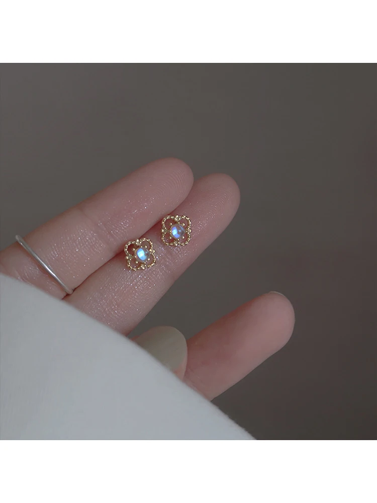 Sweet Cute Zircon Moonstone Hollow Flower Stud Earrings For Women Girl Teen Simple Birthday Party Jewelry Accessories Gift