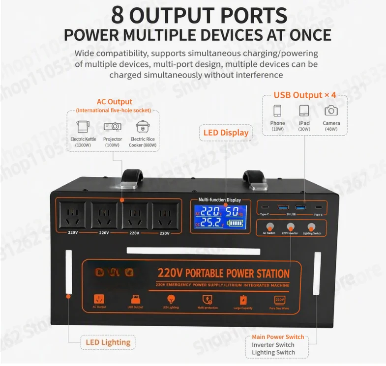 600W Portable Power Station 220V Portable High-capacity Pure Sine Wave Solar Generator for Camping Emergency Backup