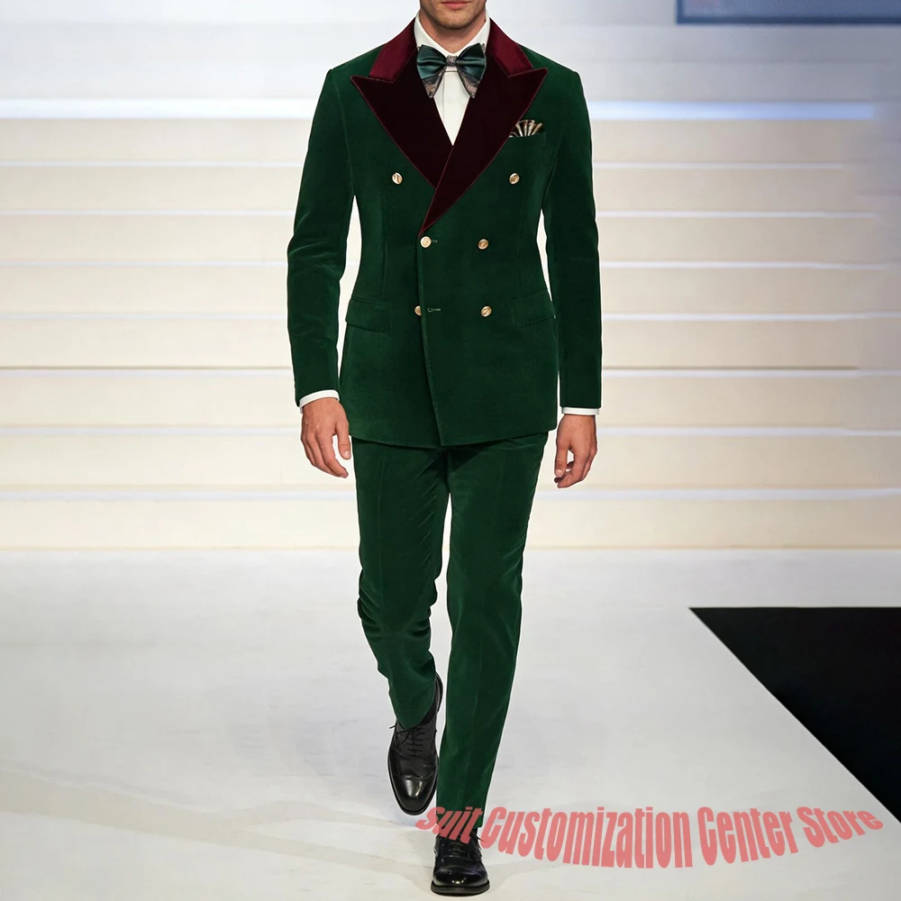 

Elegant Men's Green Velvet Tuxedo Double Breasted Jacket with Burgundy Lapel+Pants for Wedding Formal Evening Parties