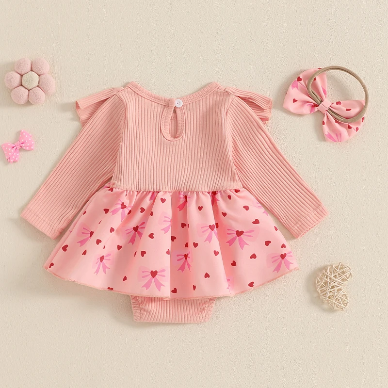 Infant Princess Valentine s Day  Tutu Dress Set with Matching Headband and Heart Print - Long Sleeve Romper