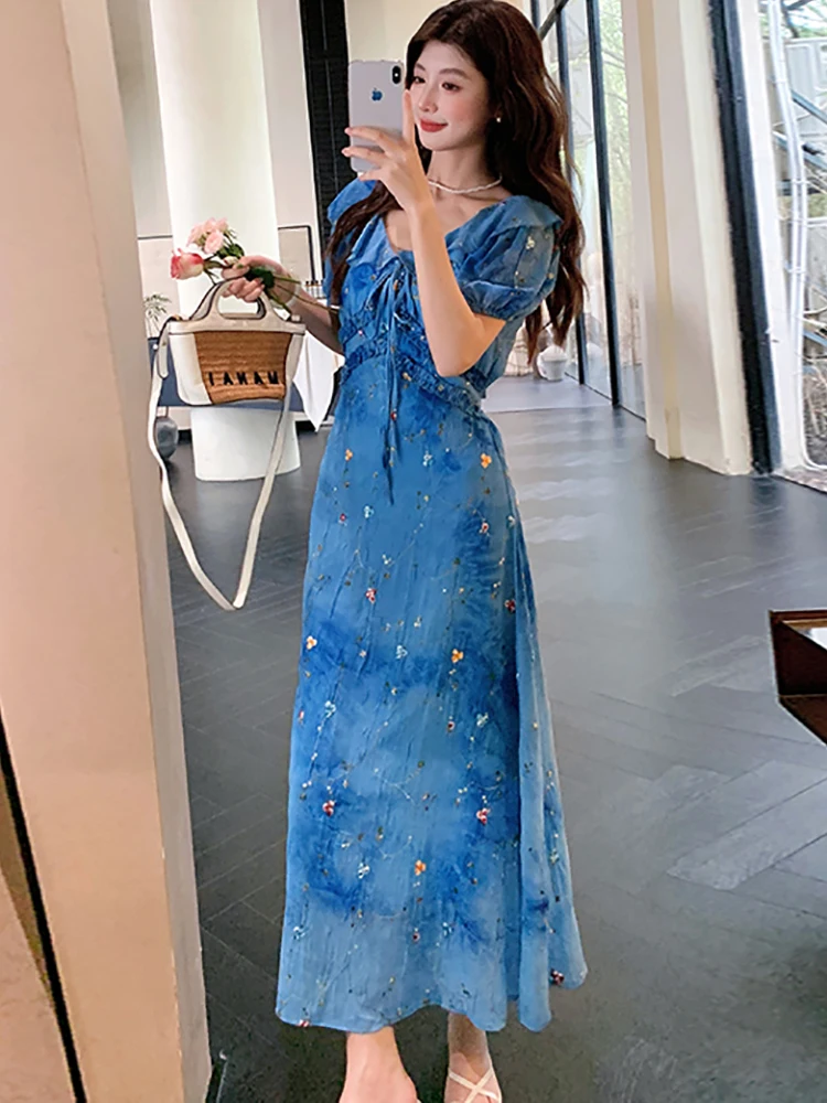 المرأة الأزرق التطريز الأزهار القوس تكدرت طوق فستان طويل الصيف أنيقة ضمادة فستان 2025 الكورية موضة فستان مناسبات غير رسمية