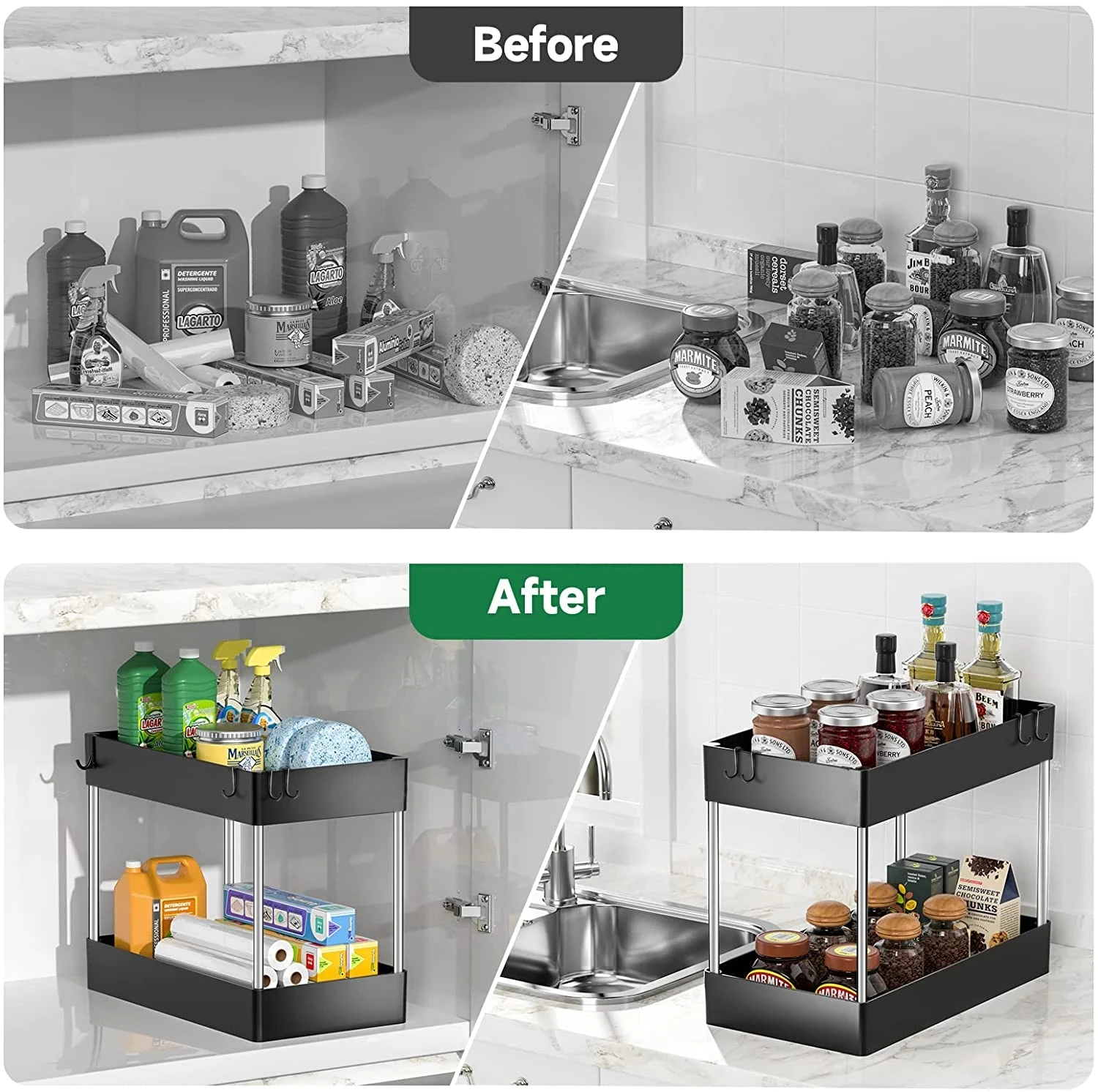 Organizzatore Estraibile Sotto Lavello 2 Livelli – Ripiano A L In Acciaio Inox, Regolabile, Montaggio Senza Viti, Per Cucina E Bagno - 2