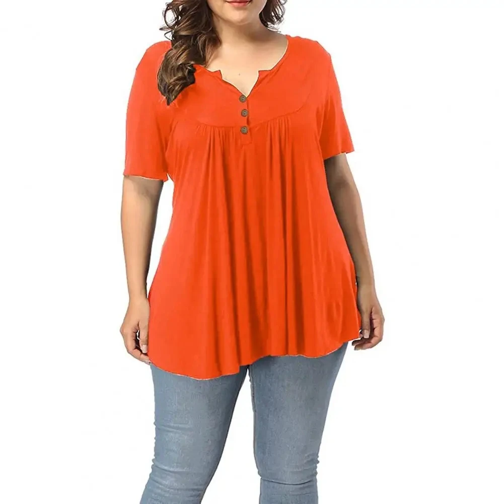 Verão feminino plus size t camisa cor sólida com decote em v manga curta túnica topo solto botão plissado camisas casuais feminino preto topos 5xl