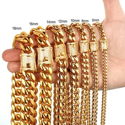 New Arrival 8mm-18mm Stainless Steel Miami Curb Cuban Chain Bracelet Necklace for Women Men jewelry Casting Crystal Lock