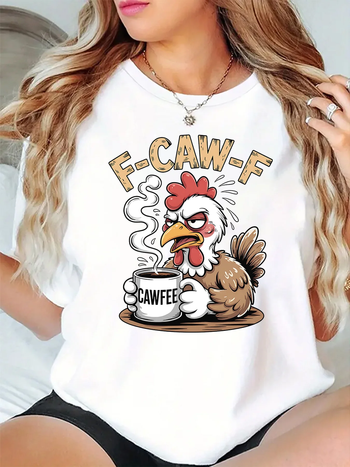 Funny F Caw F Rooster Drinking Coffee Cartoon Art Print Graphic Womens T Shirt Short Sleeve Crew Neck Casual Ladies Tee Tops