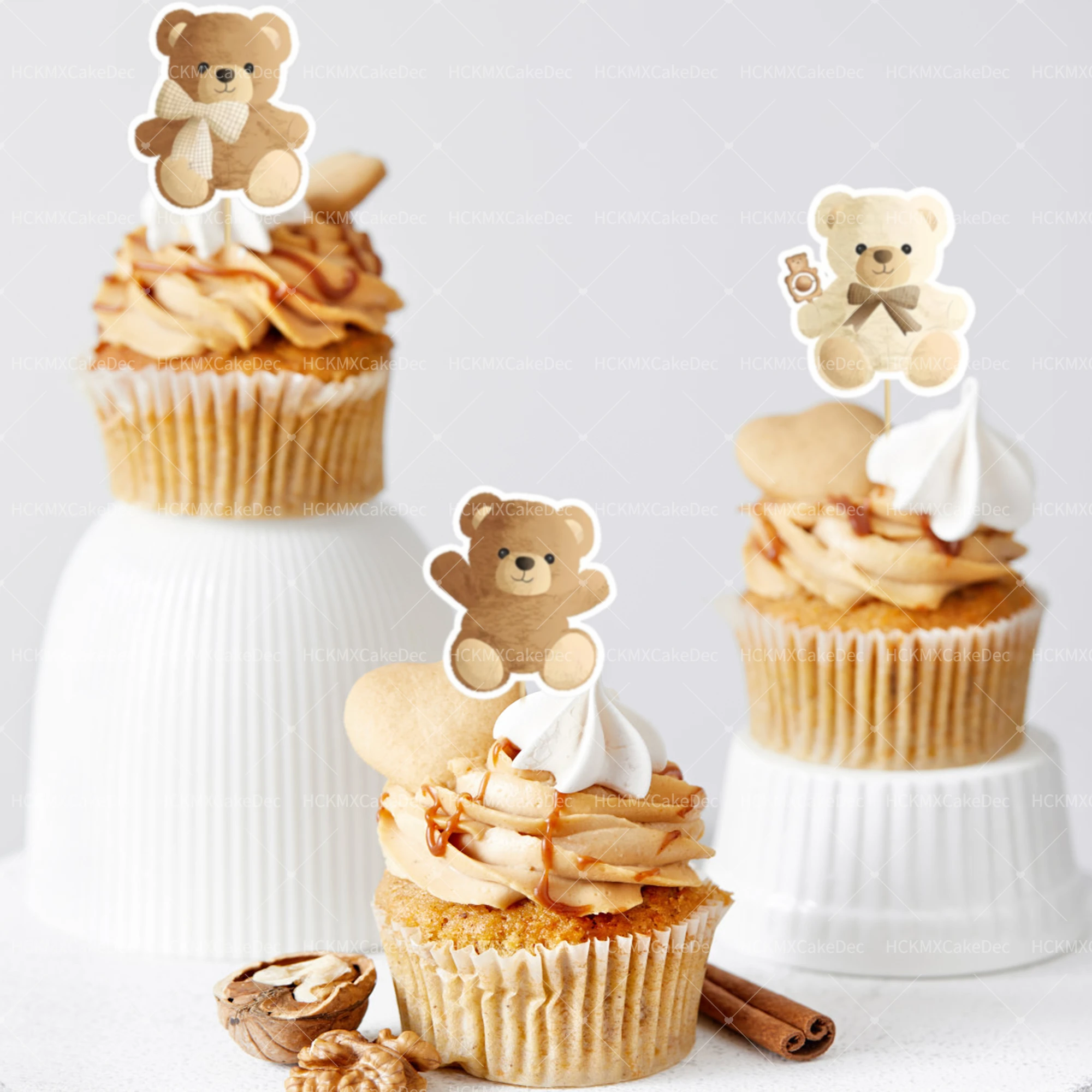 24 Stück Teddybär Cupcake-Topper Niedliche Braune Babybär Kuchendekoration für Babyparty Geburtstagstorten-Deko – Detail 5