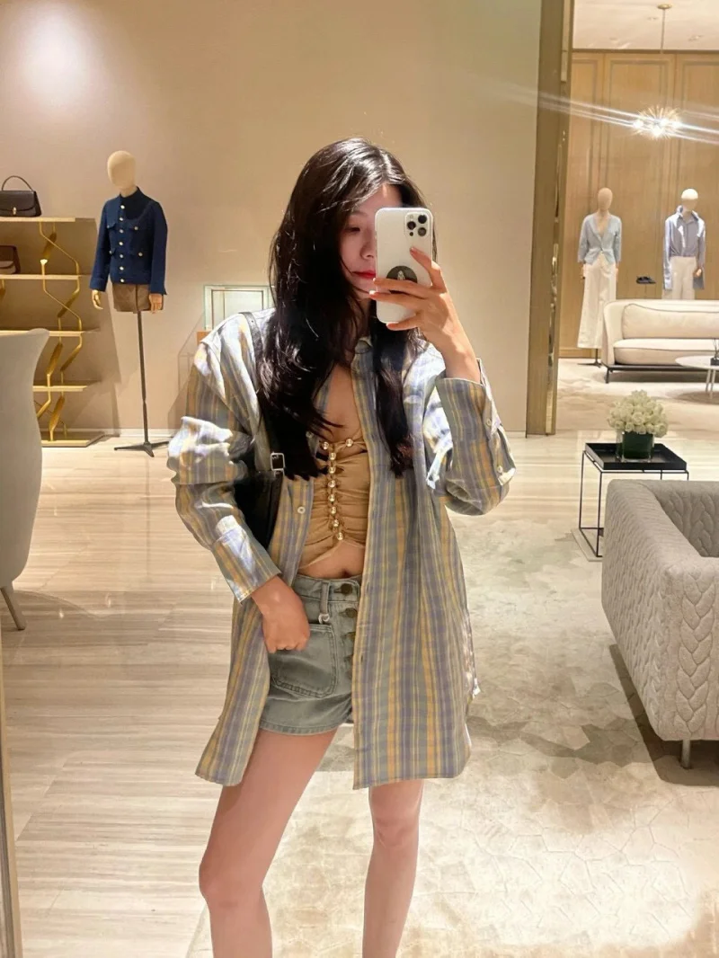 

College style women's shirt fashionable loose casual sweet temperament rainbow stripe long sleeved shirt base shirt