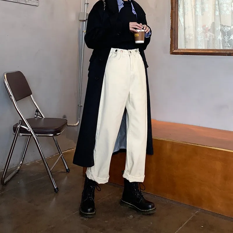 Plus size cintura alta perna larga jeans feminino solto calças de corte reto cobrindo pernas thi outono inverno roupas faion