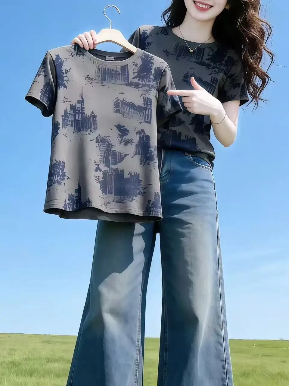 Gray round Neck Short Sleeve Women's T-shirt Retro Print Fashionable Versatile Design Shoulder Width Standard Polyester Fiber