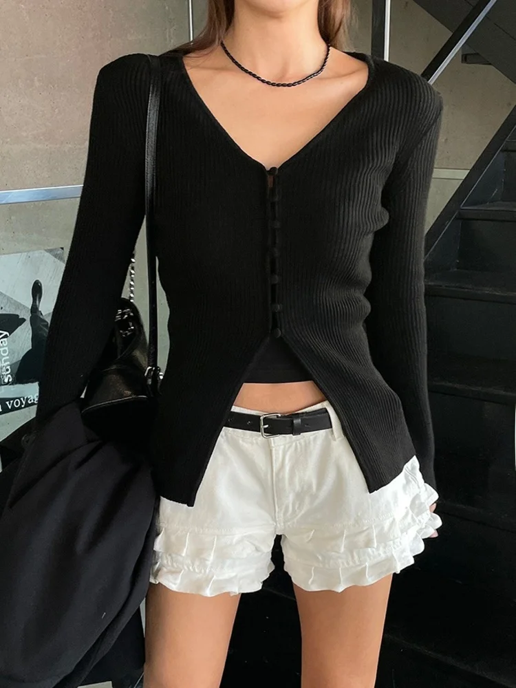 2022 Spring Faion Damen Bla gestricktes V-Ne-Cardigan-Oberteil zum Abnehmen mit Rüschen, zweiteiliges Set Ele Sle