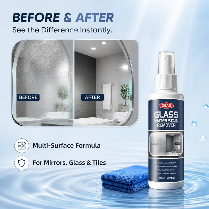 Glass Water Stain Remover Spray 150ml 5 Mins Fast‑Acting No Scrub Streak‑Free Cleaner For Shower Door Mirror Tile Car Windshield