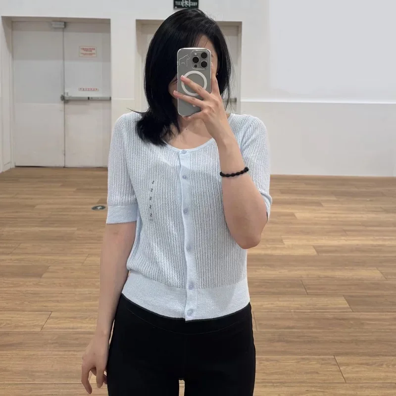 Ladies' round Neck Knitted Cardigan Short Sleeve Sweater Outerwear Spring Summer Fashion Elegant Style Pure Color Slim Fit