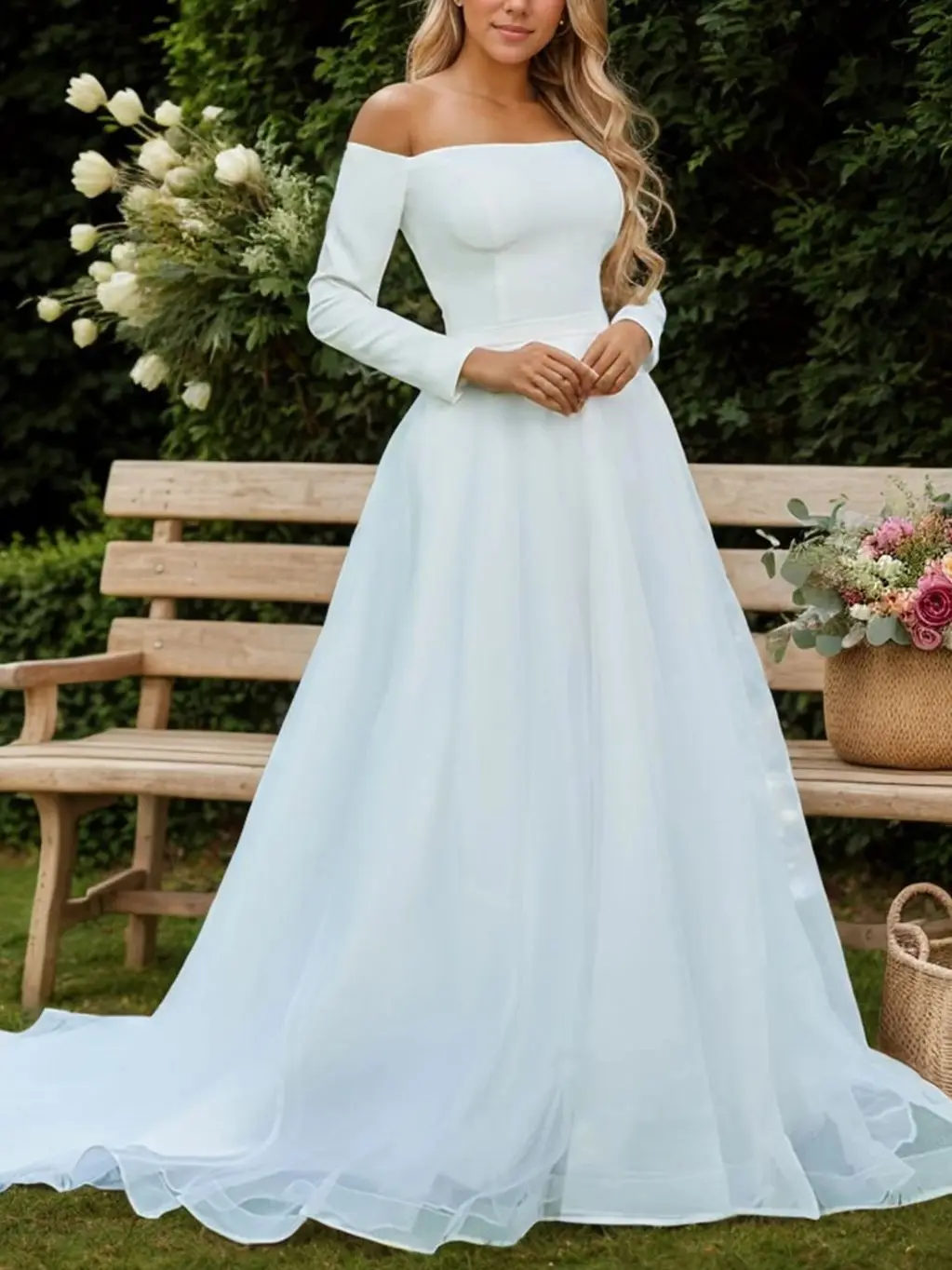 

Elegant A Line Beach Wedding Gown Off Shoulder Long Sleeve Tulle Pleated Brush Train Engagement Bridal Gown 2025 Free Customized