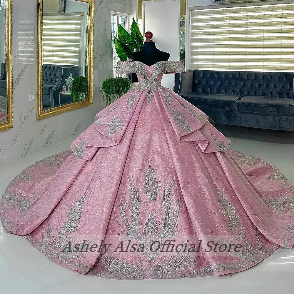 Customized Luxury Pink Women Prom Pageant Dresses Off Shoulder Lace Applique Ball Gown Vestido De 15 Anos Sweet 16 Quinceanera