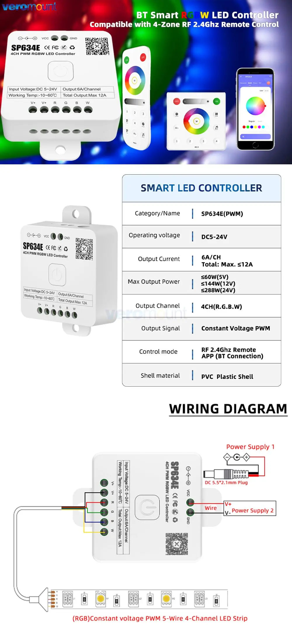 SP631E SP632E SP635E PWM kontroler LED 2.4G dla DIM CCT RGB RGBW RGBCCT BT muzyka aplikacja głosowa 5050 FCOB LED listwa oświetleniowa DC5V-24V