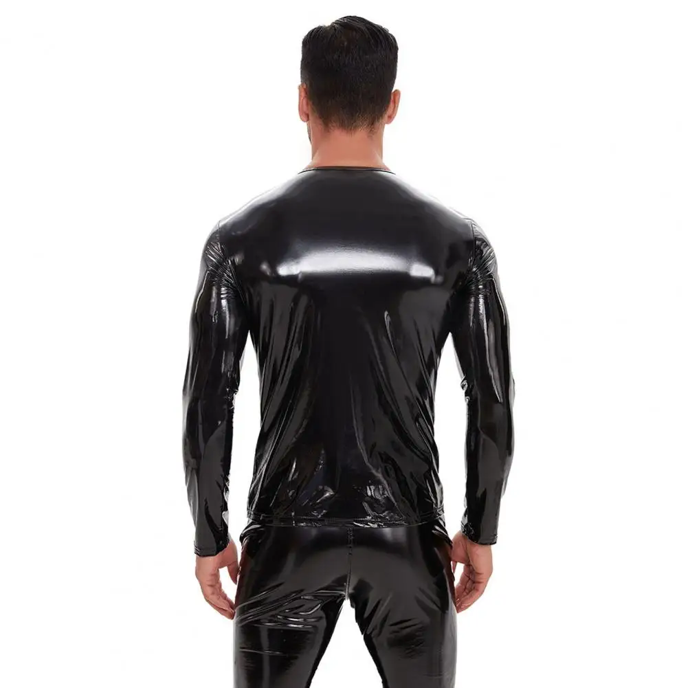 Men's Pu Leather Shirt Wet Look Undershirt Black Faux Leather Long Sleeve Shirts Slim Fit Muscle Tops Casual Clubwear Streetwear