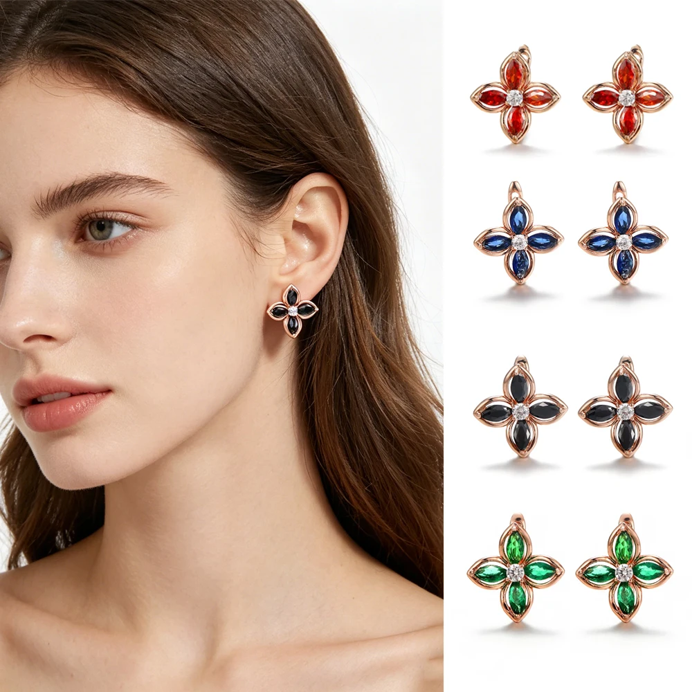 Catuni New Lucky Four-Leaf Clover Earrings 18k Rose Gold Multi-Colored Gemstone Clip-On Earrings  Women's Fashion Jewelry