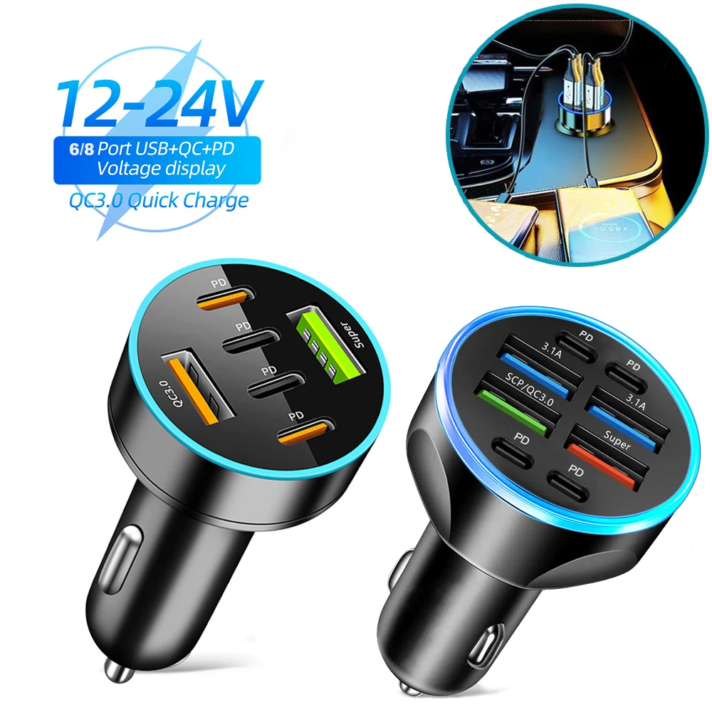 

8/6 Ports Car Charger Fast Charging PD QC3.0 USB Type C 250W Fast Charging Car Mobile Phone Adapter For iPhone Samsung Huawei