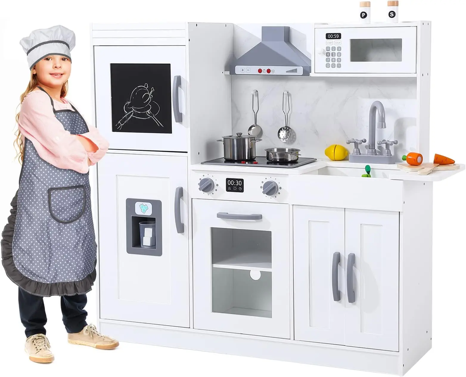 

Игровая кухня для детей, деревянная игровая кухня с системой хранения игрушек, кухонный набор игрушек с множеством игровых функций