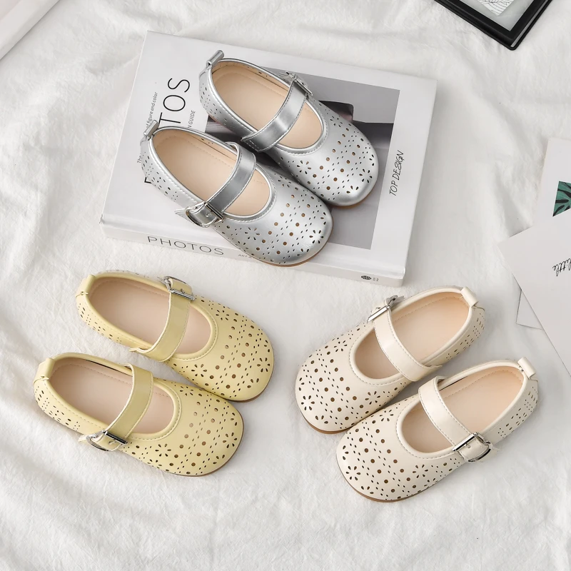 Kids'Casual Shoes Sandals Fashion Solid Color PU Leather Summer Shoes For Girls Soft Bottom Silver White Size26-36