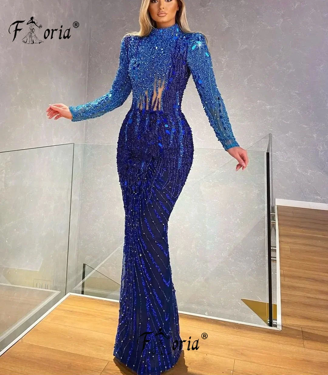 Precioso vestido de noche de sirena azul de Dubái para mujer, cuentas de cristal hechas a mano, vestidos de fiesta de boda, vestido de ocasión Formal, Bata