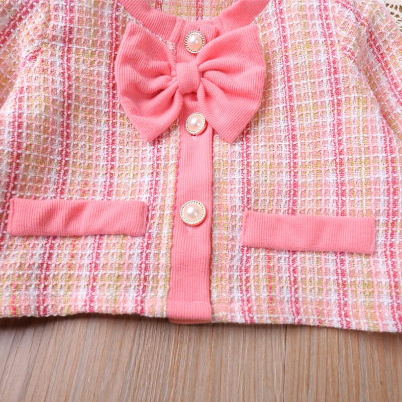 Girl\'s Suit Spring and Autumn Temperament Bow Tie Plaid Single breasted Sweet Princess Set Skirt Vestidos Casual Outfit 2-6Y