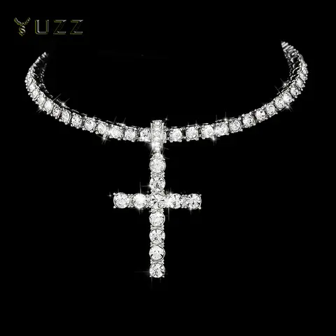 Hip Hop Iced Out Cross Pendant Necklace Strap 4mm Zircon Tennis Chain Men Women Sparkling Necklace Punk Jewelry Fashion Gift