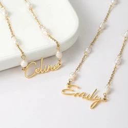 Customized Name Pearl Beaded Necklace Personalized Pearl Bracelets Stainless Steel Name Pendant Women Girls Jewelry Gifts