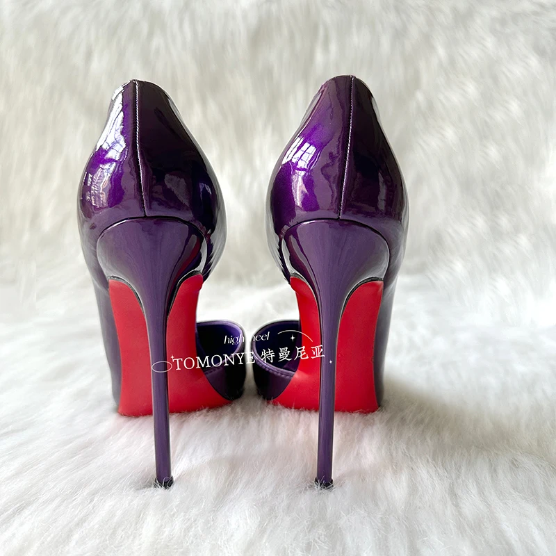 Deep purple side hollow pointed ultra-fine 12cm high heel single shoe, side hollow mirror, shallow mouth exposed toe single shoe